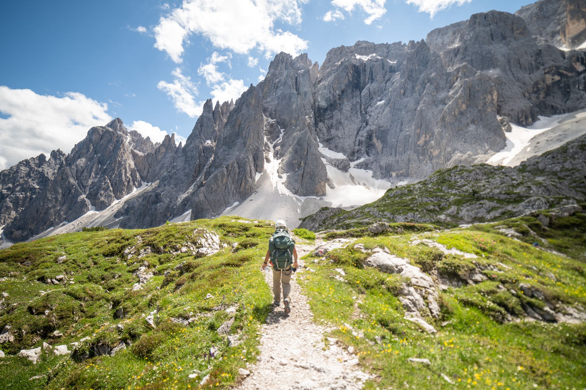 Lush alpine meadow under towering limestone peaks